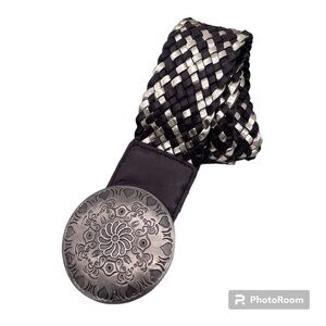 Round Floral Engraved Buckle Woven Belt Black and Silver 42 Inch